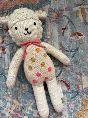 Cuddle + Kind Cream Knit Lamb Plush with Pink & Orange Polka Dots